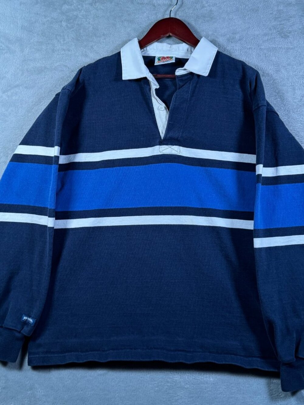 Barbarian Rugby Shirt Mens XL Blue Striped Long Sleeve Vintage *FLAW